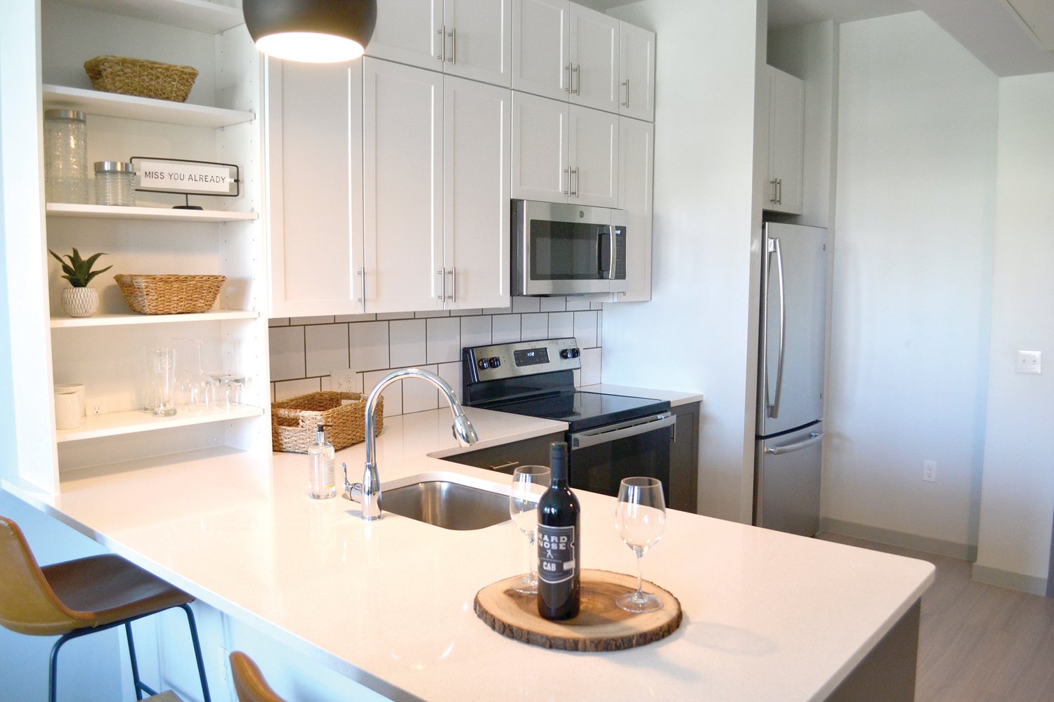 Kitchen view of a one bedroom apartment at BLOCK600