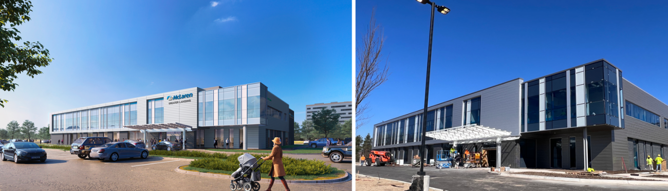 Medical Services Building 2 rendering (left) and recent construction photo update as of April, 2023 (right). 